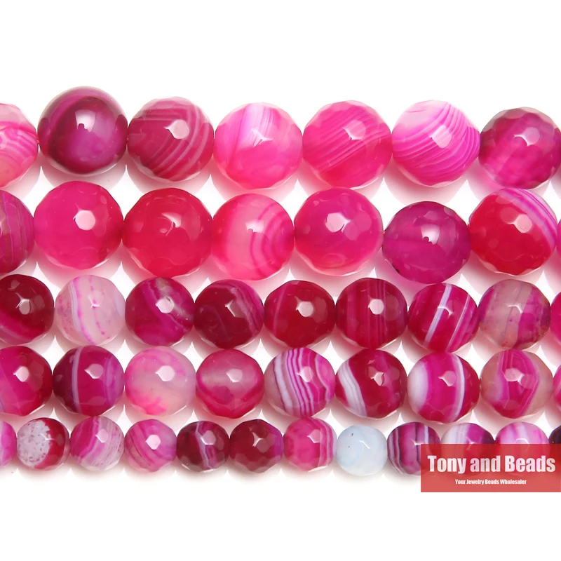 Cuentas redondas de ágata de rayas Magenta facetadas, 15 ", 4, 6, 8, 10, 12MM, tamaño a elegir para la fabricación de joyas DIY