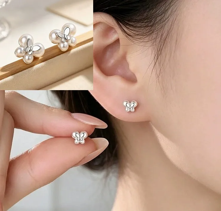 VENTFILLE 925 Sterling Silver Butterfly Pearl Earring for Women Ear Sweet Commute Versatile Jewelry Gift Dropshipping
