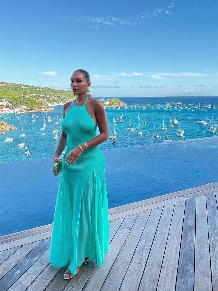 Damen Neckholder-Maxikleid mit offenem Rücken, geripptem Strickoberteil und fließendem Chiffon-Saum – figurbetontes Sommer-Abendkleid für Urlaub und Party – Detail 8