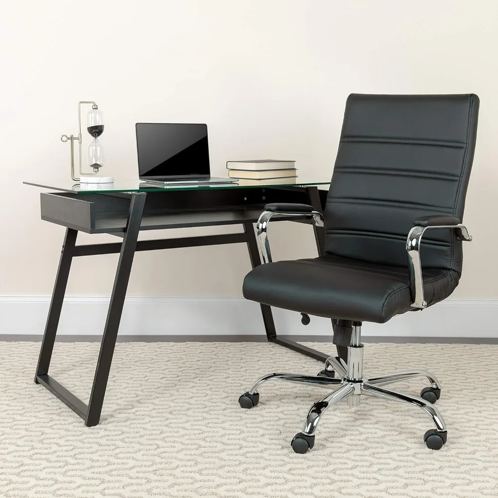 Whitney High Back Desk Chair - Black LeatherSoft Executive Swivel Office Chair with Chrome Frame - Swivel Arm Chair