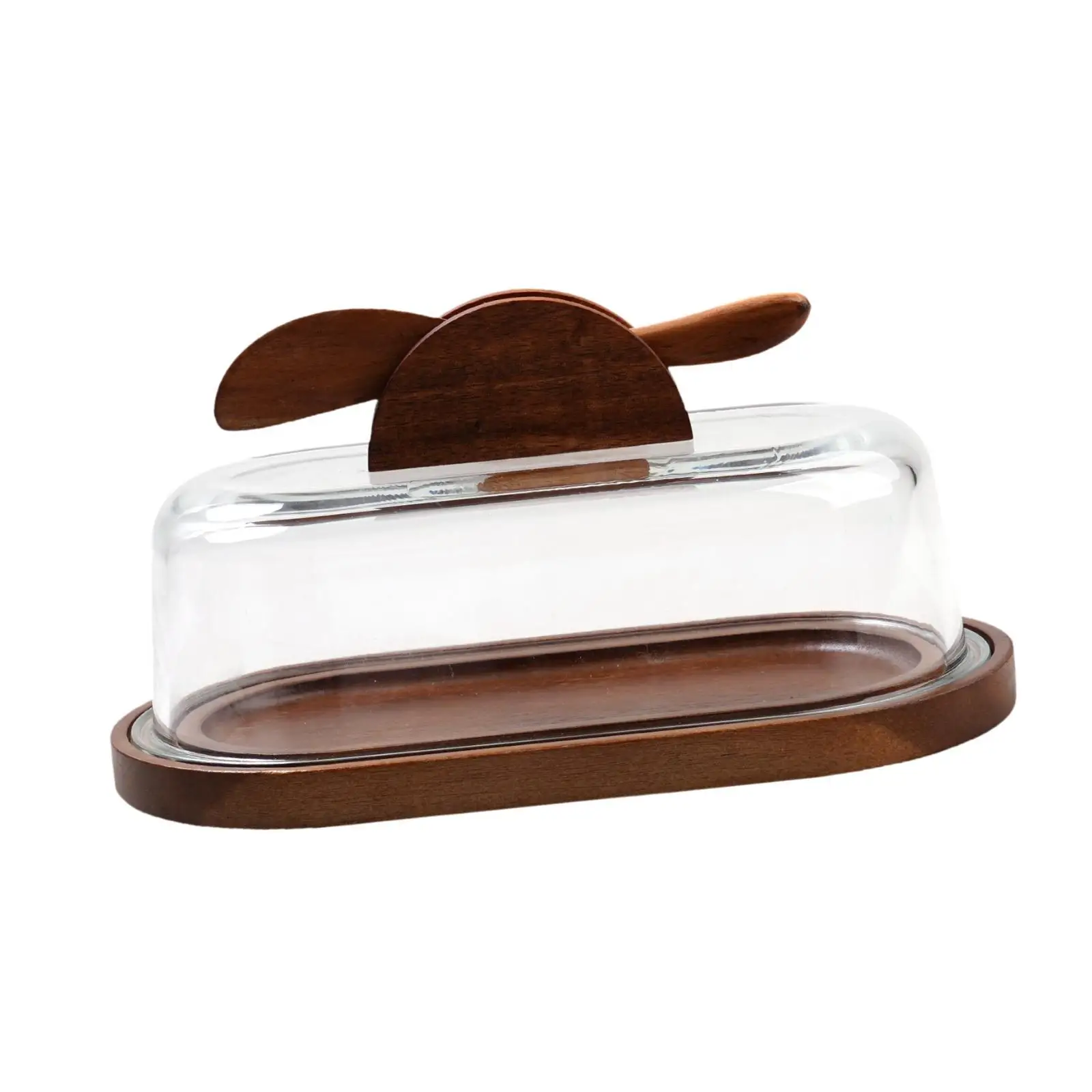 Wooden Butter Dish Wood Knife Butter Holder Dessert Dish Cheese Server Storage Clear Container Butter Keeper Tray with Glass Lid