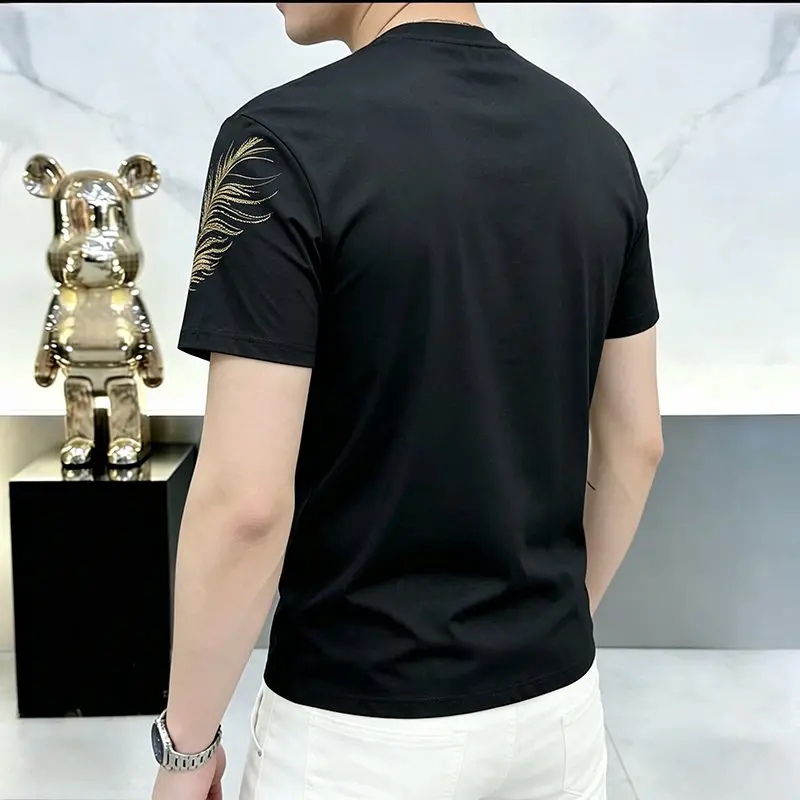 Cotton Polyester Blend T Shirt For Men Short Sleeve Dragon Print Summer Quality Coolness Rhinestone Boutique Camisetas De Hombre