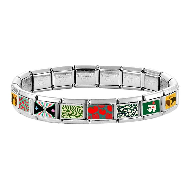 Wholesale Red Green Color Tomato Watermelon Square Grid Italian Link Fit 9mm Stainless Steel Bracelet Making DIY Charm Jewelry