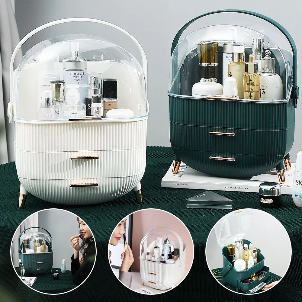 منظم مكياج سطح المكتب، صندوق تخزين مستحضرات التجميل الشفاف، مقاوم للغبار، حاوية مكياج ذات سعة كبيرة، منظم مجوهرات