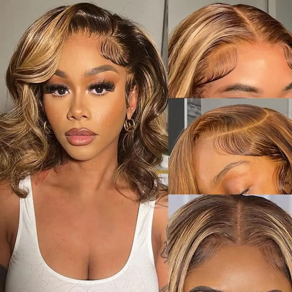 Highlight Color Bob Wig Body Wave 4/27 Ombre Brown 13x4 Lace Frontal Wig Transparent Lace Wigs Pre Plucked For Black Women