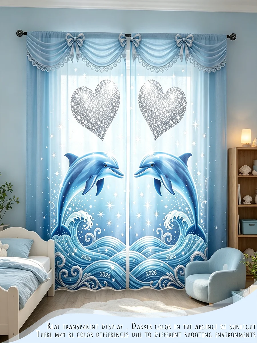 2PCS Digital Printed Curtains, Blue Dolphin Silver Diamond Heart Wave Print, Romantic Ocean Style for Bedroom Living Room Decor
