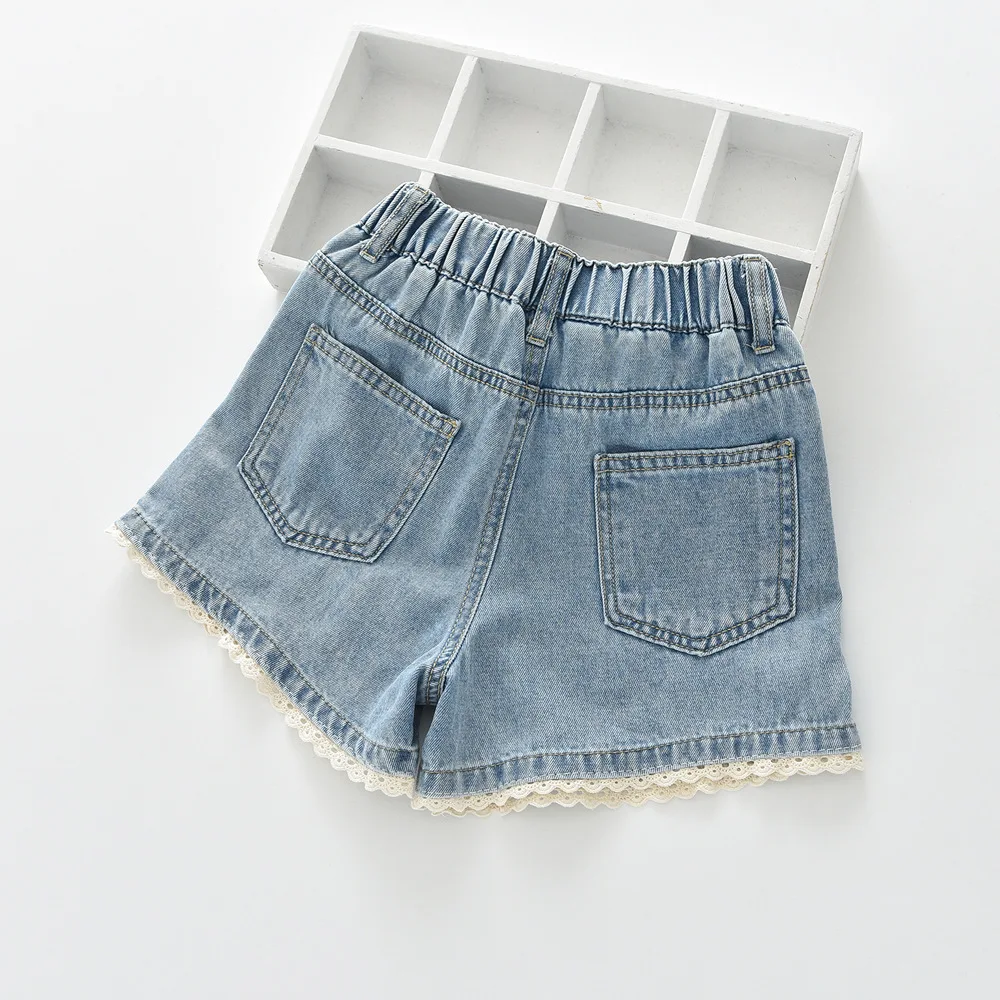 2026 summer new elastic waist girls clothes lace bow denim shorts