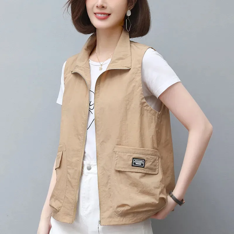 Short Thin Vest Women's Sleeveless Coat Spring Summer Waistcoat 2025 New Casual Loose Sunscreen Outwear Pocket Vests Top Female