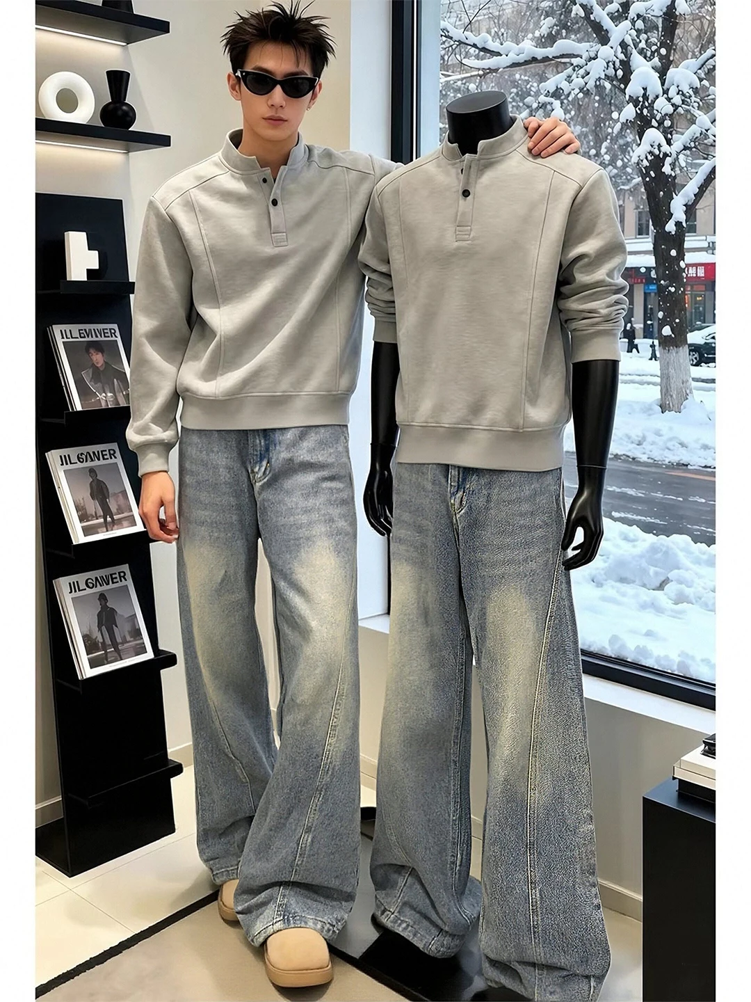 

Retro Blue Men's Flared Jeans Winter Fce Lined Straight Leg Knife American Vibe Casual Pants mid Waist Zipper Fly