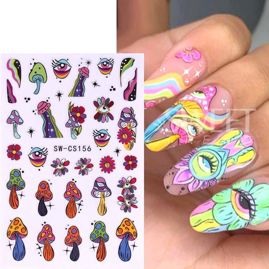 7pcs 3D Halloween Evil Eye Mushroom Nail Stickers Star Cartoon Cat Snake Skull Nail Slider Decals Manicure Nail Art Decoration