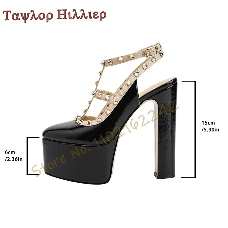Women\'S T-Strap Rivet High Heels Thick Heel Buckle Strap Platform Sandals Pumps Elegant Luxury Designer Slingback Women\'S Shoes