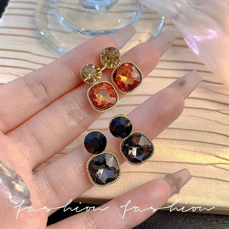 New Sugar Crystal Champagne Black Color Geometry Square Round Drop Earring for Women New Party Jewelry Christmas Girl Gift