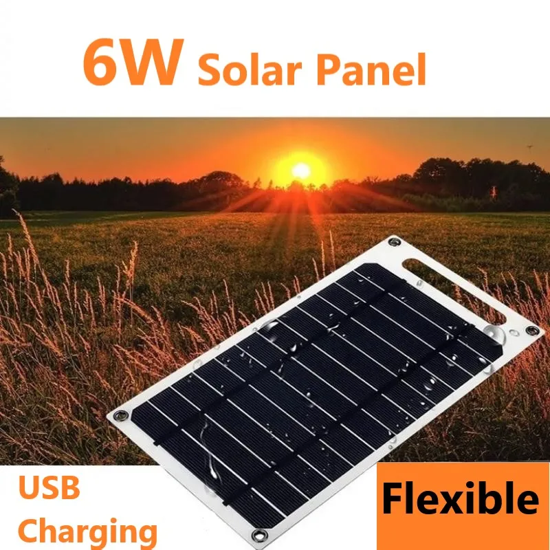 GGJ Solar Panel 6V 6W Flexible Solar Battery Portable IP65 Waterproof Solar System Kit USB Power Bank Waterproof Outdoor Camping