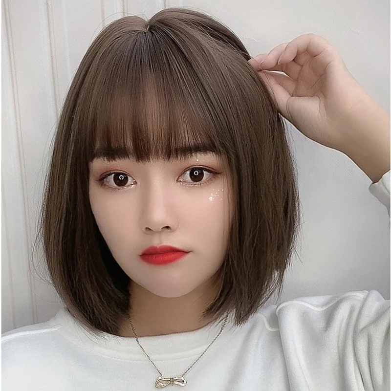 

Women's short straight hair wig with bangs, new fashionable natural bob style, synthetic fiber full headpiece