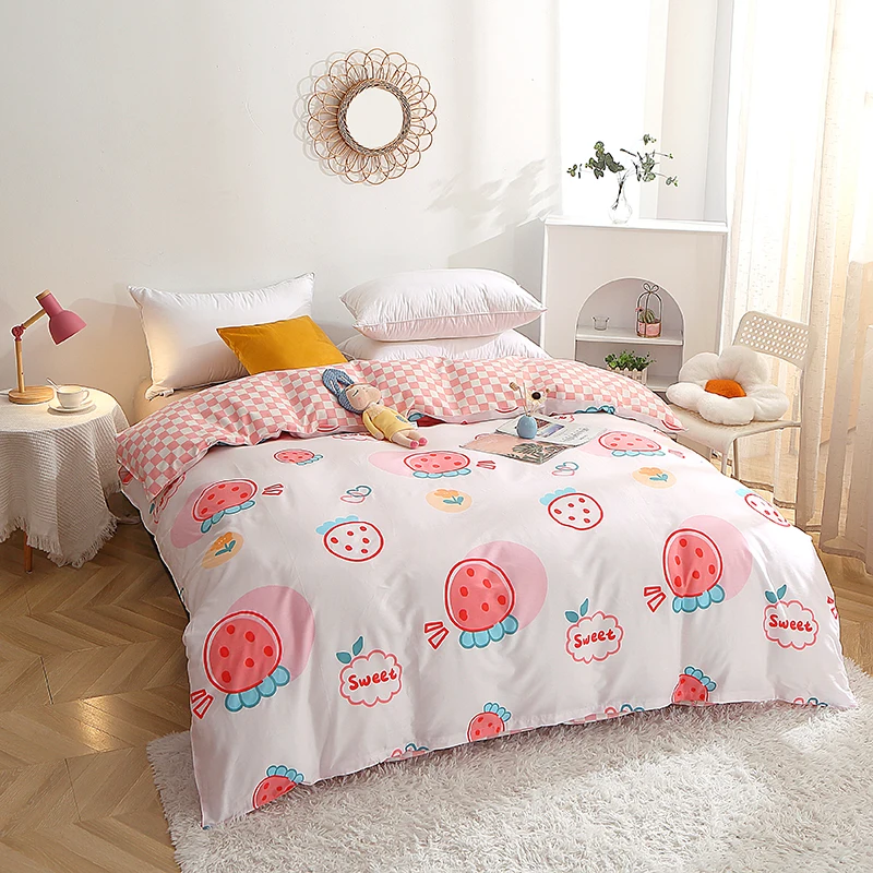 Strawberry Printed 100% Cotton Duvet Cover Cute Kawaii Floral Bedding for Boys Girls Teens Cartoon Red Fruit Comforter Covers