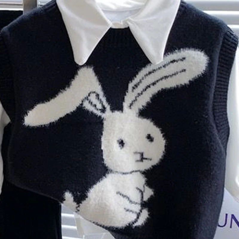 Girls Pullover Sweater Vest Spring Girls\' Fashionable and Cute Little Rabbit Knitted Vest Baby Kids Loose and Versatile Top