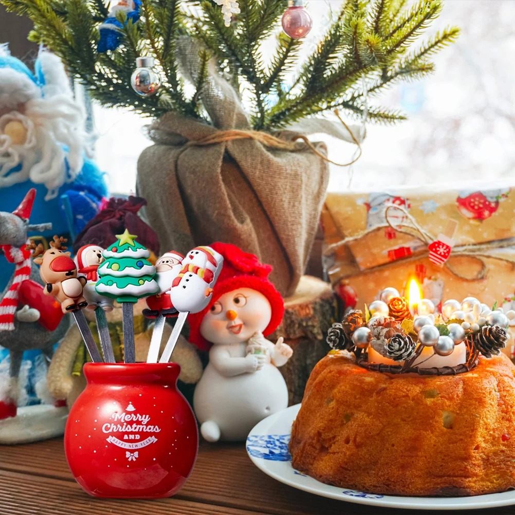 Christmas Salad Fork Fruit Fork Bright Color Reusable Christmas Tree Cute with Ceramic Cup Holder for Dessert for Party