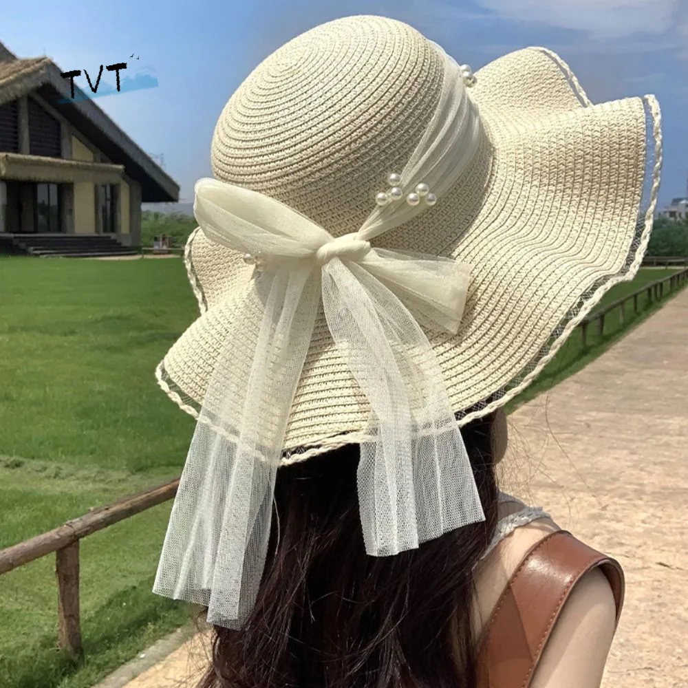 

Elegant Spring Summer Bow Ribbon Straw Hat French Style Foldable Lace Pearls Straw Hat Big Brim Beach Women's Sun Hat Outdoor