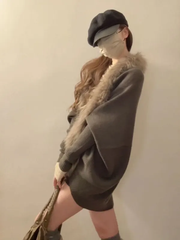 

Вязаный свитер свободного кроя с меховым воротником в корейском стиле, повседневный, с небольшим дизайном, зимний топ, длинный, теплый, прямой крой