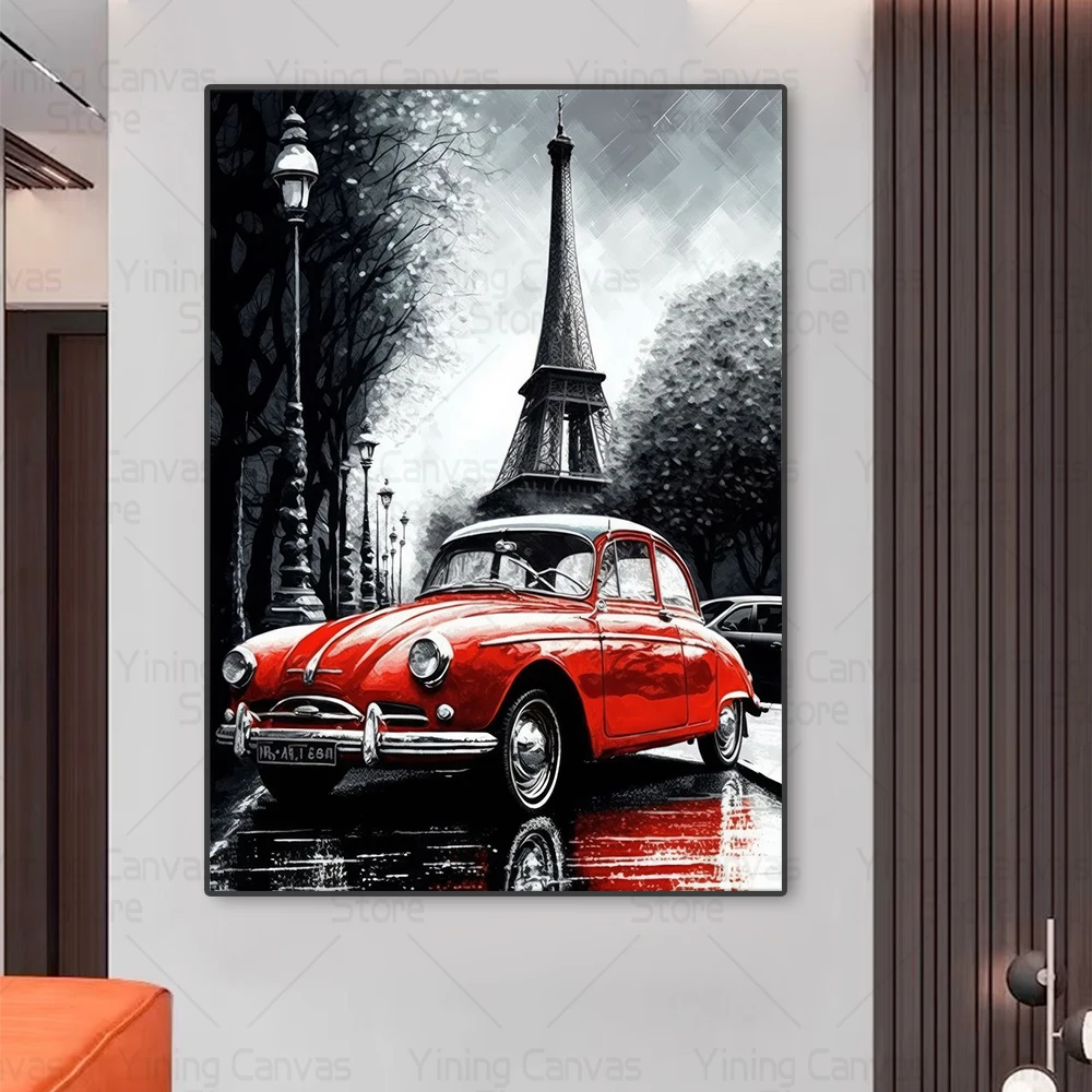 لوحة قماشية حمراء لسيارة ، أبيض وأسود ، مناظر طبيعية لباريس ولندن ، فن جداري ، ملصق لغرفة المعيشة ، ديكور منزلي #2