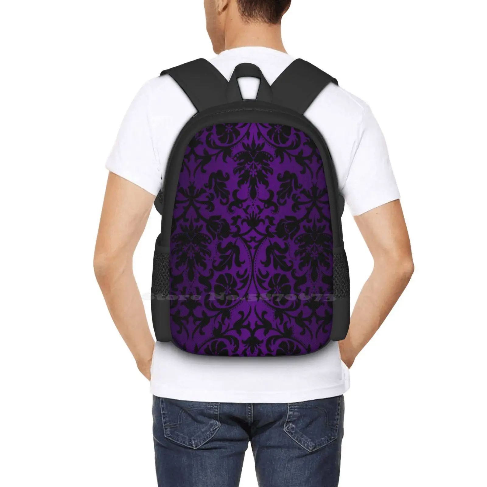 Purple And Black Damask Pattern Design Backpacks For School Teenagers Girls Travel Bags Purple Black Damask Pattern Abstract