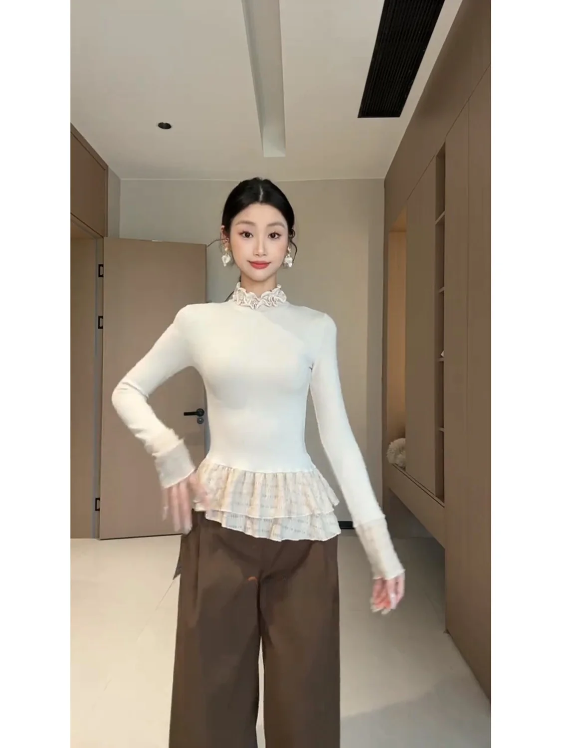 Korean Sle Sweet f High Collar Long Sve Slim Fit T-irt Women's New Autumn Winter Patchwork Slimming Top