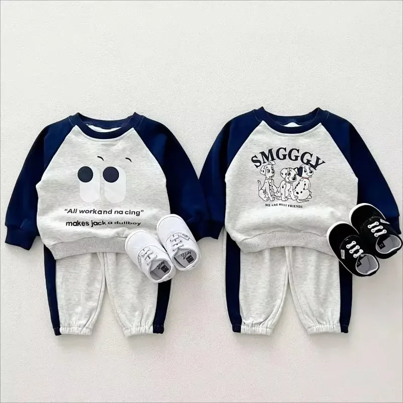 2PCS Casual Autumn Baby Patchwork Clothes Set Toddler Newborn Boy Girl Cotton Sweatshirt +Loose Pants Kids Cartoon Outfits Suits