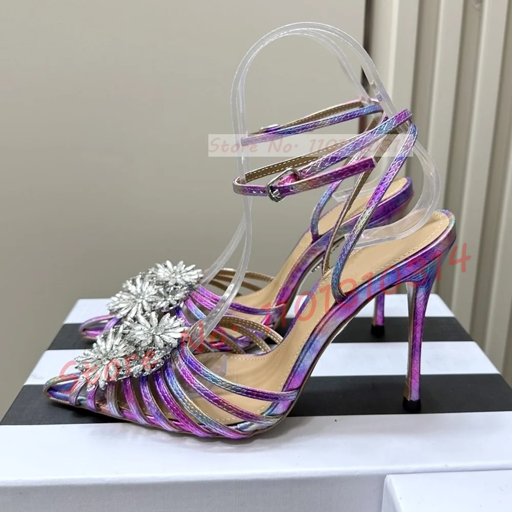 Crystal Flower Satin Caged Sandals Women Luxury Hollow Pointy Toe Stiletto High Heels Female Elegant Ankle Strap Sparkly Shoes