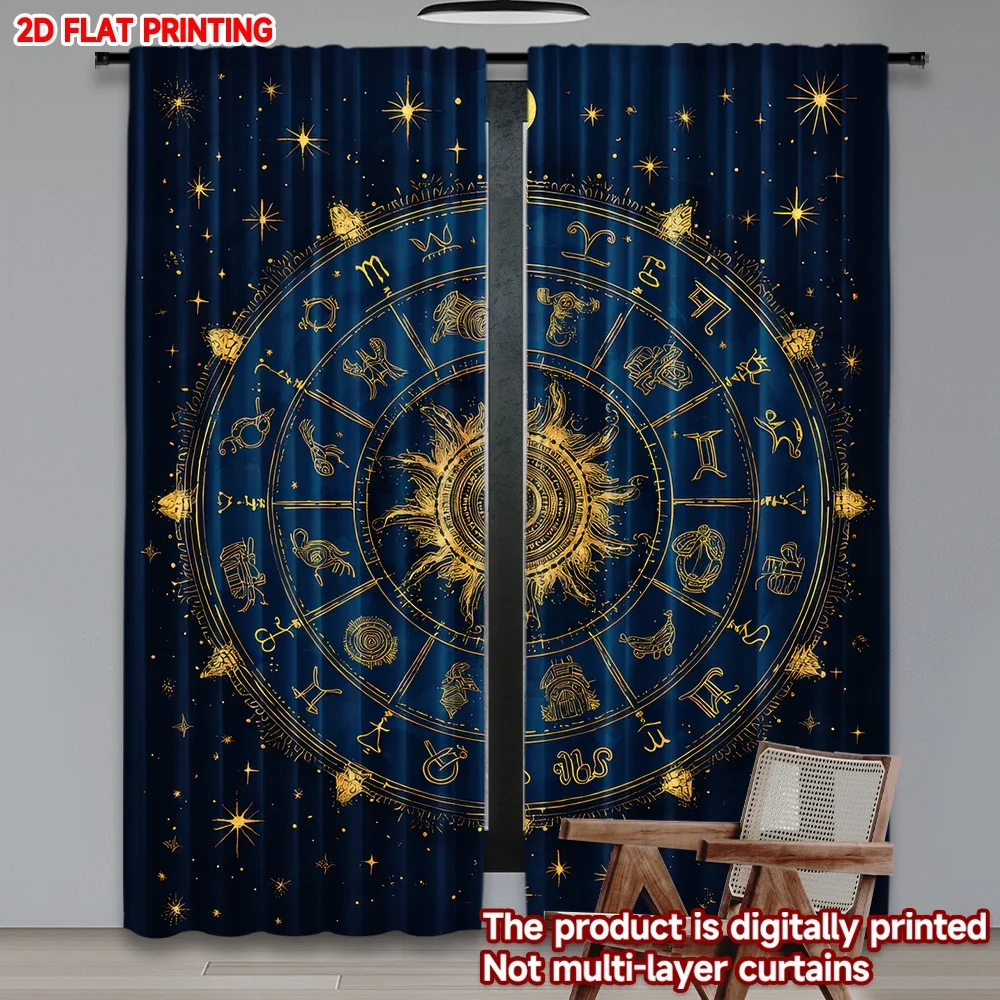 

2D flat printing 2pcs Window Curtains Zodiac Sun and Stars Digital Printed Polyester Drapes Birthday Party Perfect for All