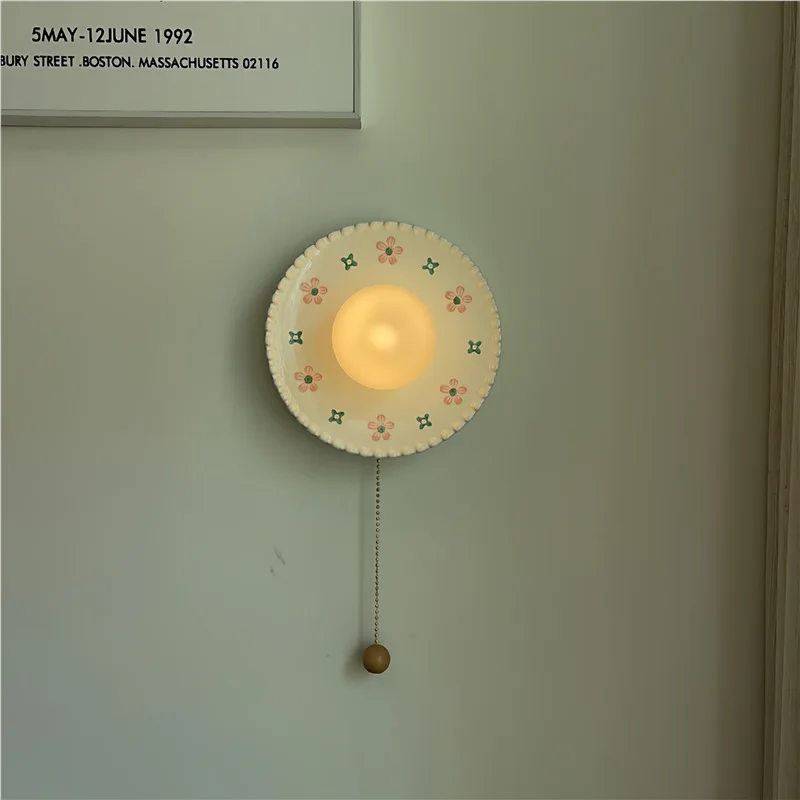 French Cream Ceramic Wall Lamp Small Fresh Flower Bedroom Bedside Pull Rope Switch Decorative Lamp