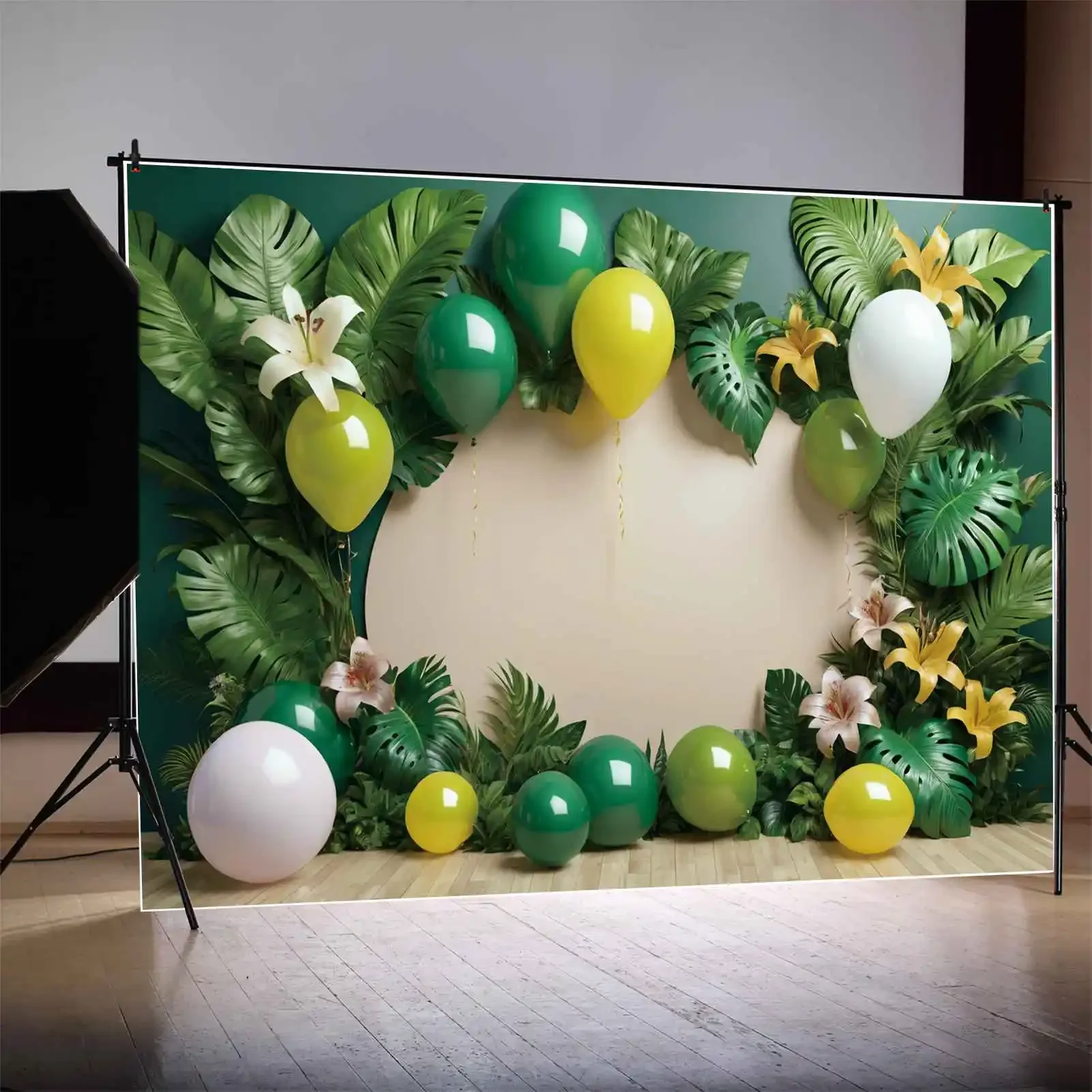 Mond. qg Hintergrund tropische Palm blatt Geburtstag Banner Photo zon Hintergrund Ballon Blume Holzbrett Dekoration Fotografie Requisiten