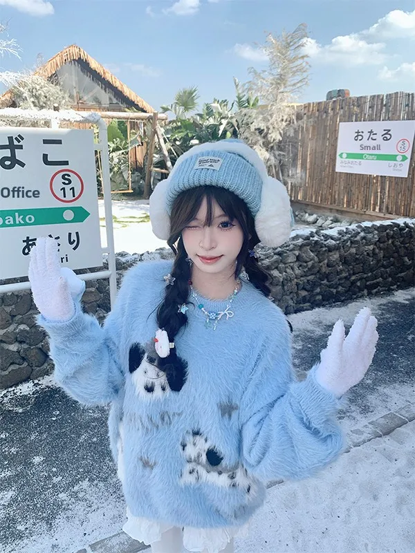 

Adorable Loose Fit Men's Sweater Faux Fur American Retro Spot Dog Embroidery Autumn Winter Outerwear Casual Sle Polyester F...