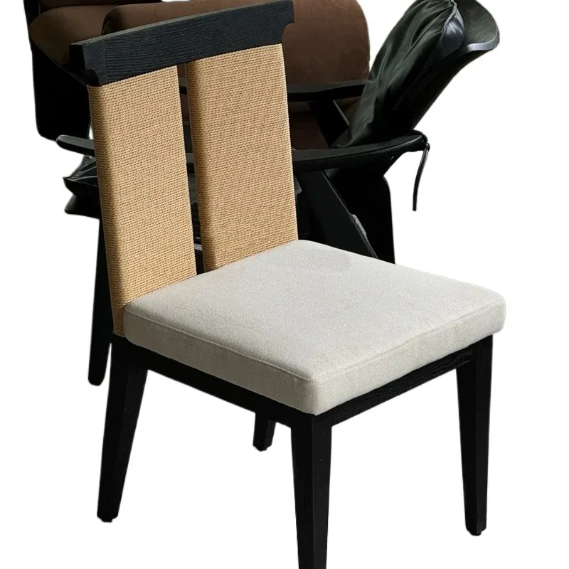 

French retro rope chair home dining room soft bag solid wood chair wabi sandy wind hotel premium feeling back dining chair