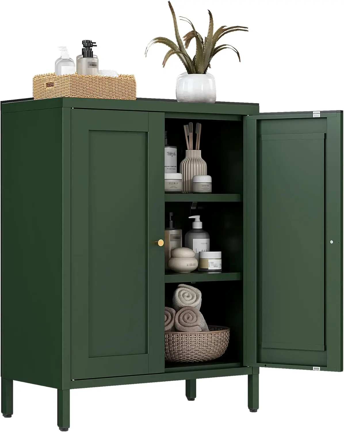 

Small Bathroom Storage Cabinet, Green Metal Locker Cabinet with 2 Doors and 2 Adjustable Shelves, Metal Floor