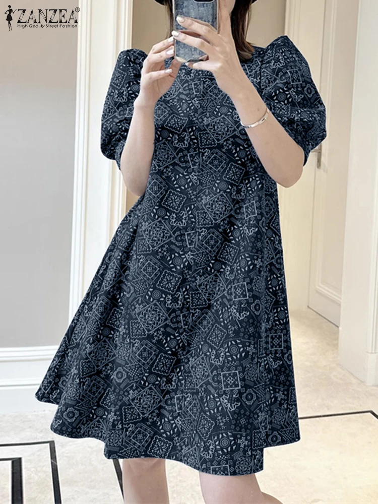 ZANZEA Vacation Puff Sleeve Women Dress Vintage Ethnic Print O Neck Casual Knee-length Vestidos 2025 Summer Elegant Sundress