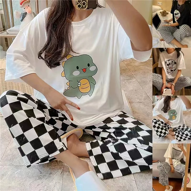 Women\'s Clothing Two-Piece Four Seasons Models Short-Sleeved Long Pants Sweet Cute Cartoon Suit Girls Comfortable Loose Homewear