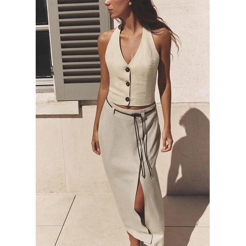 Casual Lin Blend Svel V-Ne Top with  Knot Decor Midi Skirt Two-Piece Set Ele Sle for Women Spring Summ...