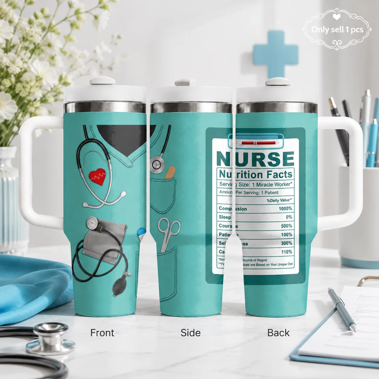 Nurse Nutrition Facts Medical Vacuum Flasks 40oz Stainless Steel Insulated Tumbler With Handle & Straw Leakproof Travel Mug