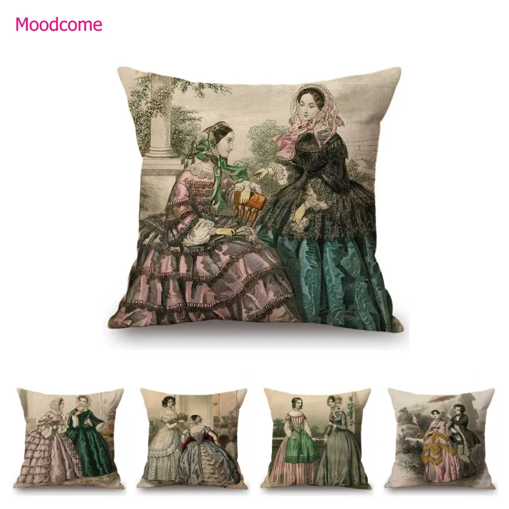 Antique Fashion Book Ettiquette Lady Dress European Costume Elegant Wear Cotton Linen Sofa Throw Pillow Case Chair Cushion Cover