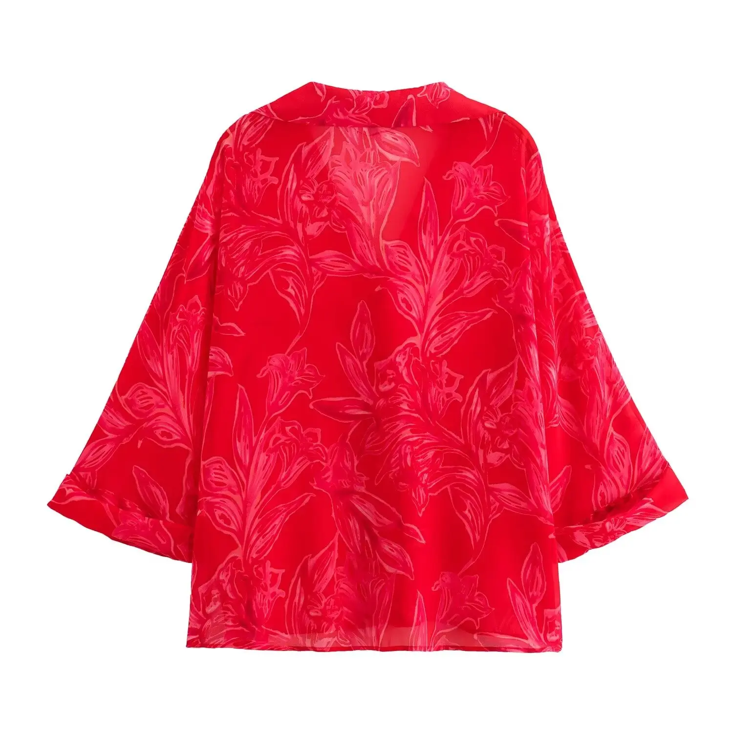 TRAF Red Print Oversized Shirt Women Wide Sleeve Casual Female Shirt Transparent Shirts and Blouses for Women Summer Women Shirt