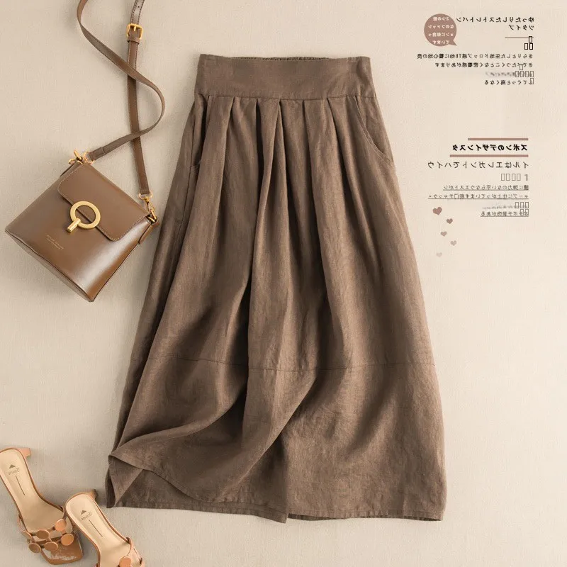 

Юбка А-силуэта из хлопка и льна с высокой талией, женская, летняя, повседневная, свободная, винтажная, для офиса, для фигуры типа «груша»