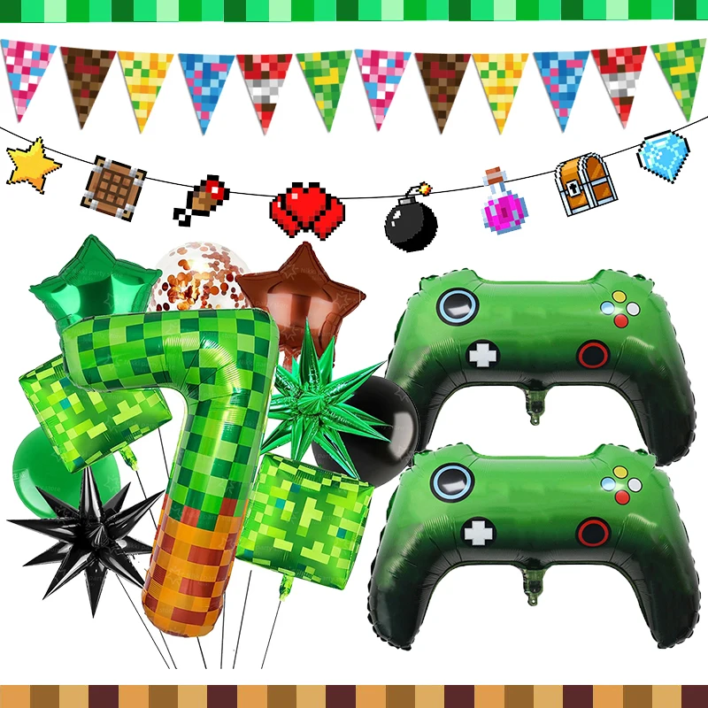 Globos Pixel Miner de 40 Pulgadas, Globo de Número de Papel de Aluminio Verde Grande, Cajas de Cubos Pixel Marrones, Decoración de Cumpleaños de Videojuegos