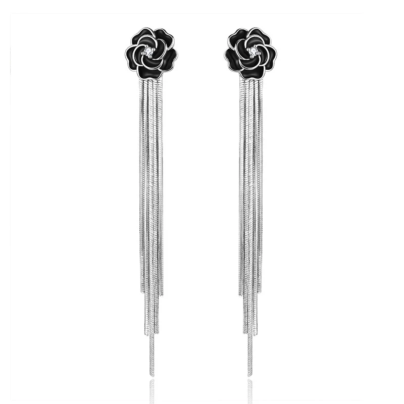 Mewanry Black Rose Flower Stud Earrings for Women Couples Trendy Elegant Tassel Geometric Handmade Bride Jewelry Prevent Allergy