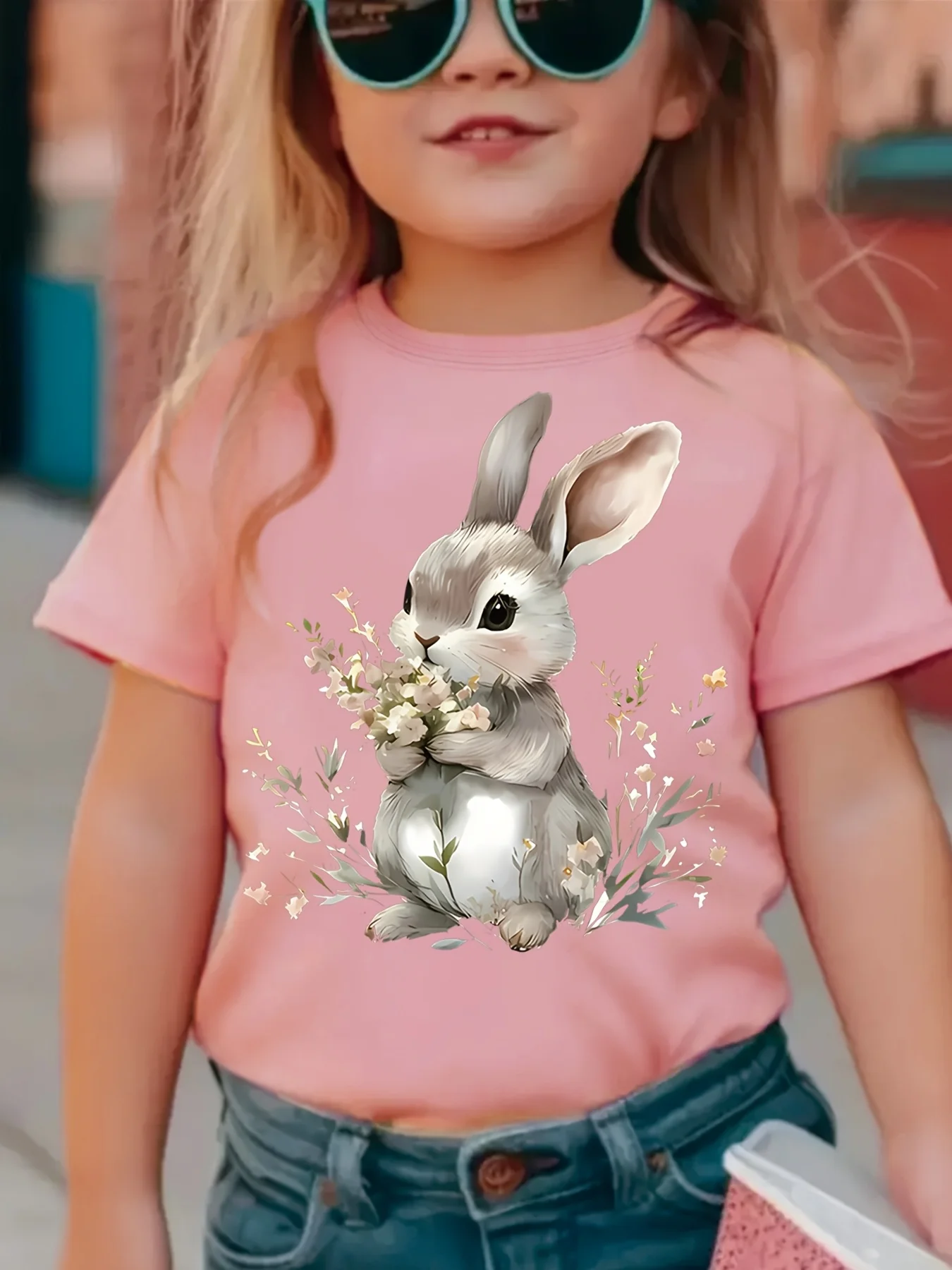 Girl Cute Retro Rabbit Printed T-shirt Watercolor Style Rabbit Printed T-shirt Outdoor Activity Girl Parent Child Clothing