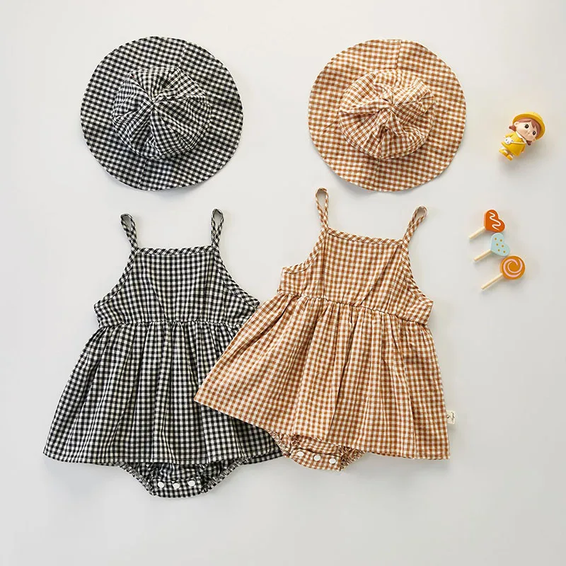 Summer Toddler Bodysuit Girl Baby Sling Plaid Dress With Hat Baby One Piece