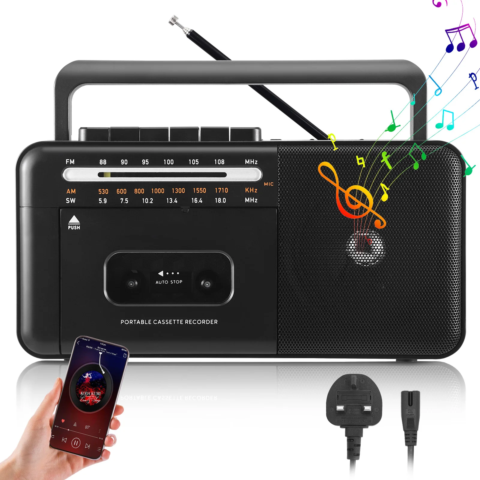 

Cassette Player Bluetooth Boombox Radio AM/FM/SW Cassette Tape Player/Recorder with Big Speaker and Earphone Jack