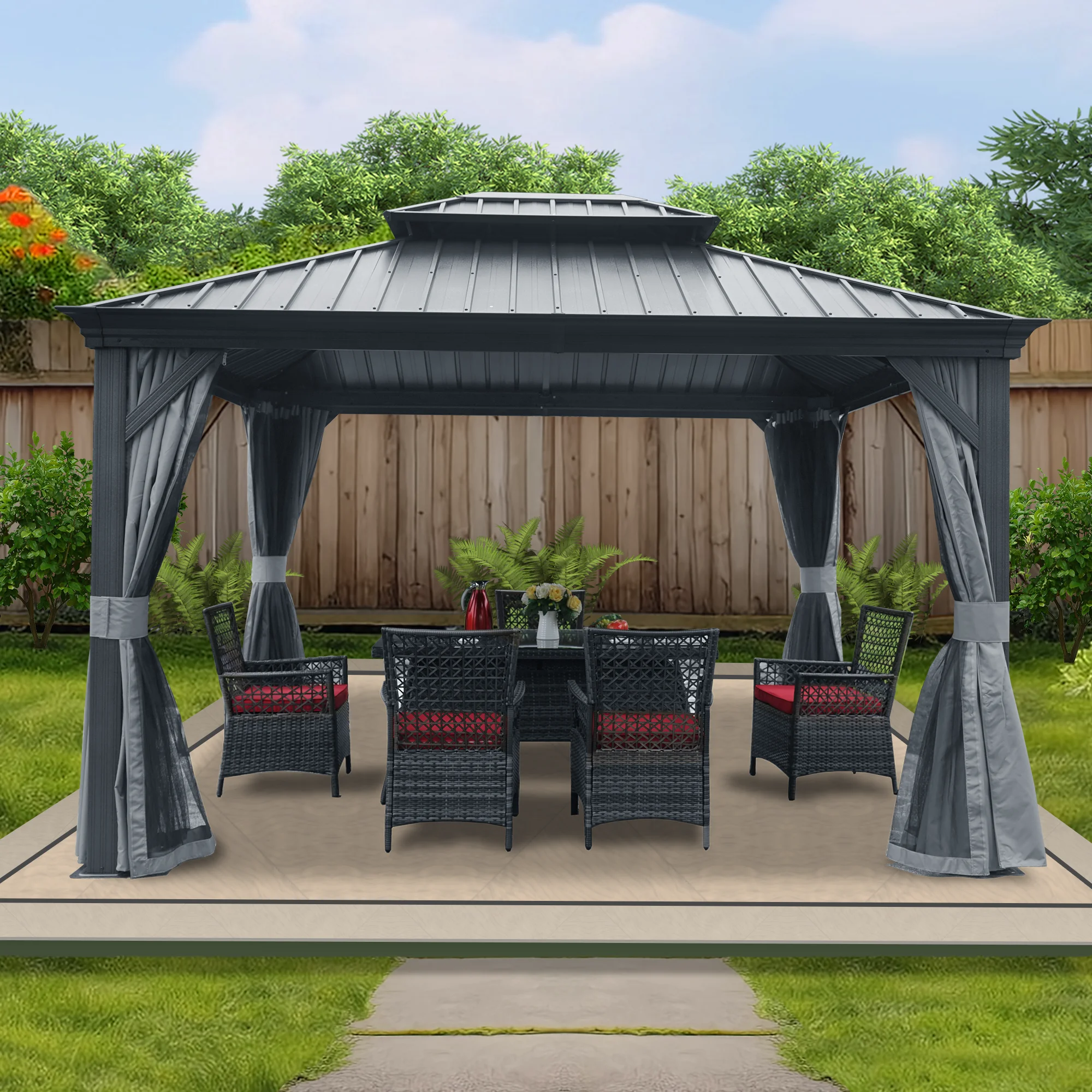 Aluminum Double Hardtop Permanent Gazebo With Mosquito Net & Privacy Sidewalls Metal Frame Gray Color