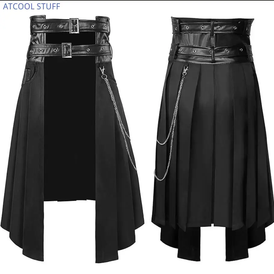 Punk Pleated Skirt Open Front Men\'s Gothic Leather Belt Medieval Roman Warrior Kilt Metal Chian Harujuku Stylish Clothing