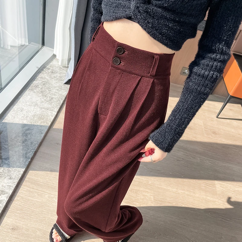 High Waist Autumn Winter Velvet Women's Wide Leg Pants 2025 New Buttons Casual Loose Solid Korean Full Length Trousers Female