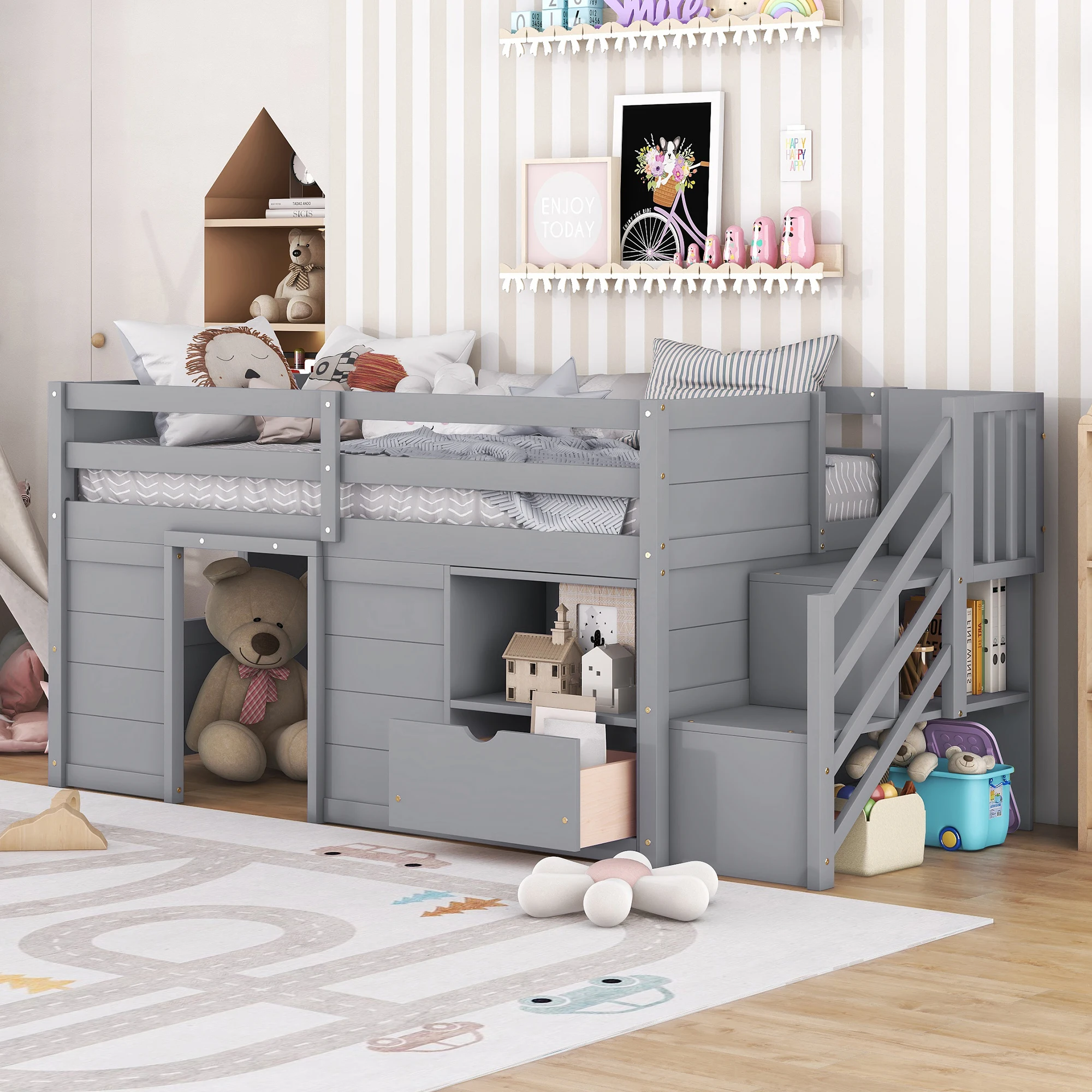 

Twin Bed, Solid Wood Twin Size Low Loft Bed with Stair, Drawer, and Shelf, Grey 94.56x42.32x40.60 in.